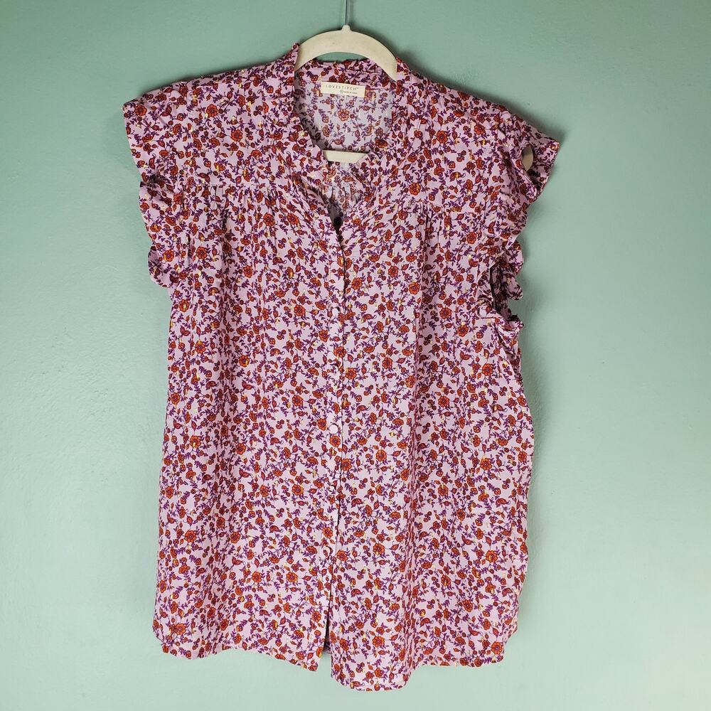 Lovestitch Womens Multicolor Floral Button Up Flutter Sleeve Blouse Size Large